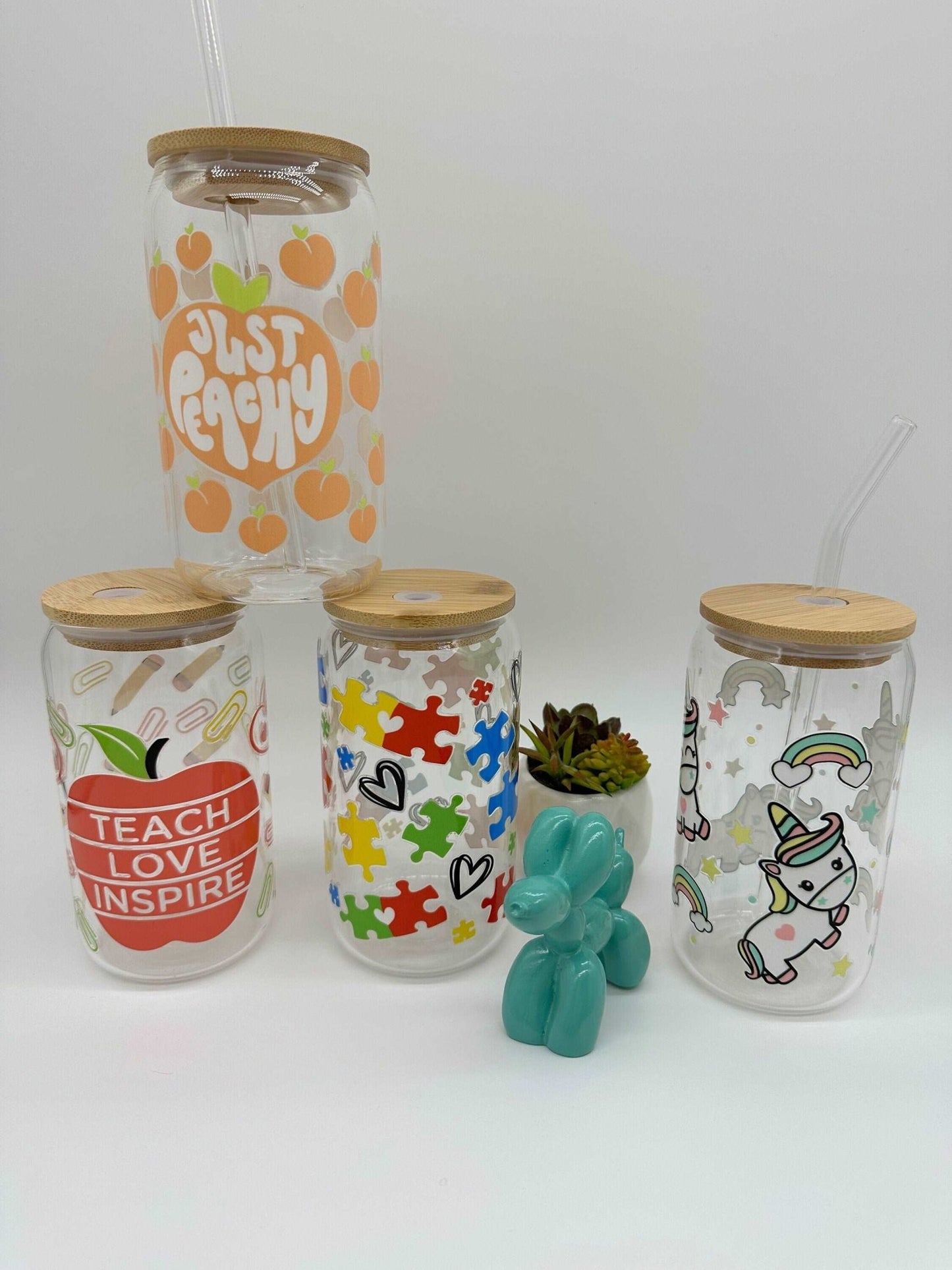 Cold brew glass, cold coffee glass cup, 16oz glass can, UV decal, Autism, Peach, Teacher, Unicorn - Envoga Handbags