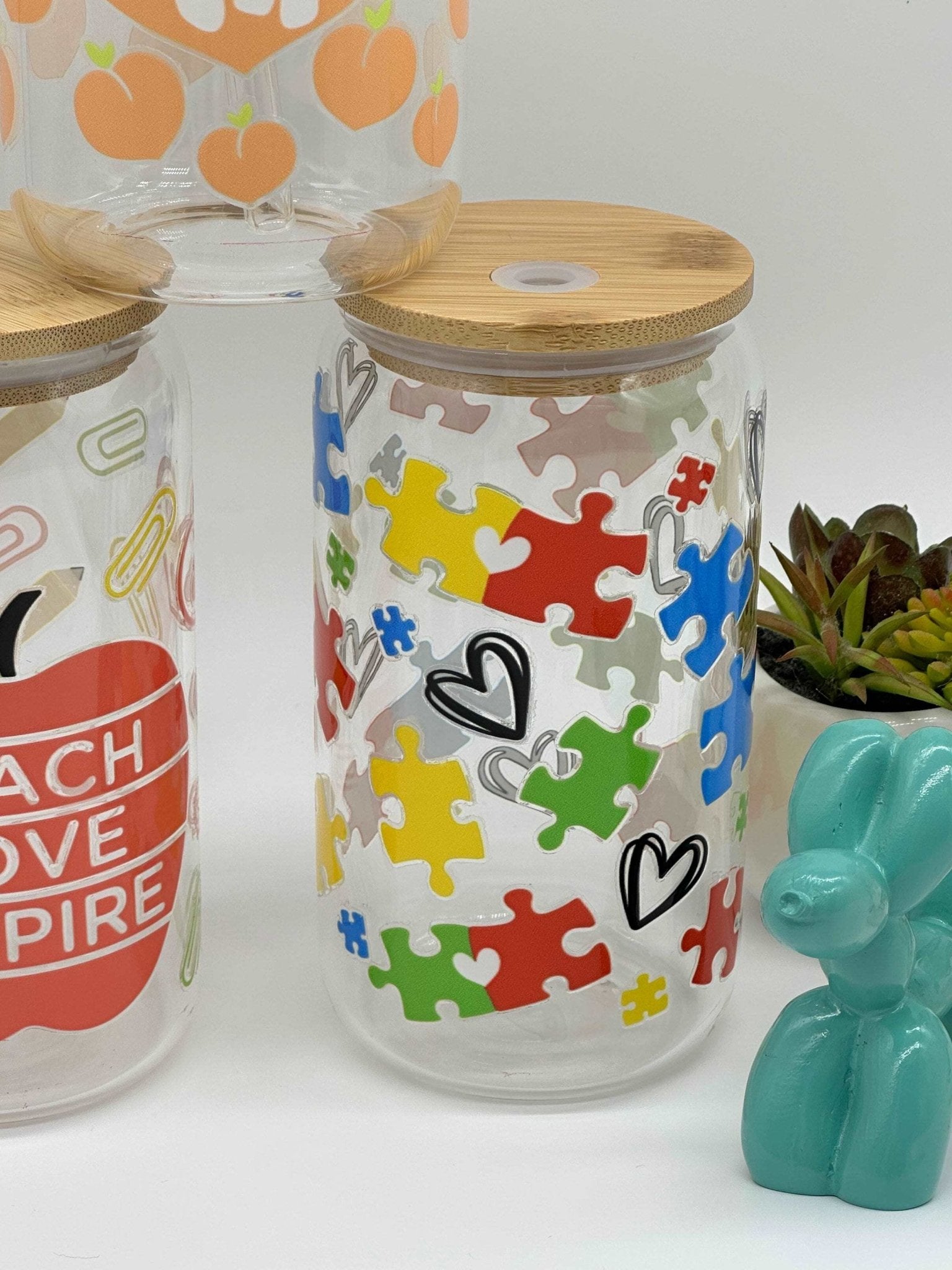 Cold brew glass, cold coffee glass cup, 16oz glass can, UV decal, Autism, Peach, Teacher, Unicorn - Envoga Handbags