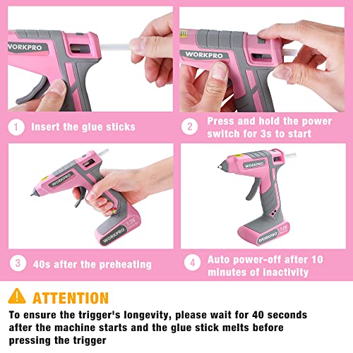 WORKPRO Pink Cordless Hot Melt Glue Gun, 7.2V Rechargeable Fast Preheating Glue Gun Kit with 20 Pc Premium Mini Glue Stick, Automatic - Power - Off Glue Gun for Art, Craft, Decoration - Pink Ribbon - Envoga Handbags