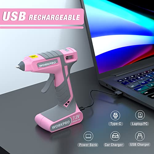 WORKPRO Pink Cordless Hot Melt Glue Gun, 7.2V Rechargeable Fast Preheating Glue Gun Kit with 20 Pc Premium Mini Glue Stick, Automatic - Power - Off Glue Gun for Art, Craft, Decoration - Pink Ribbon - Envoga Handbags